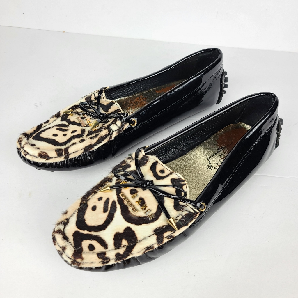 Ted Baker Parnell Calf Hair Animal Print Black Patent Leather Driving Loafers 6